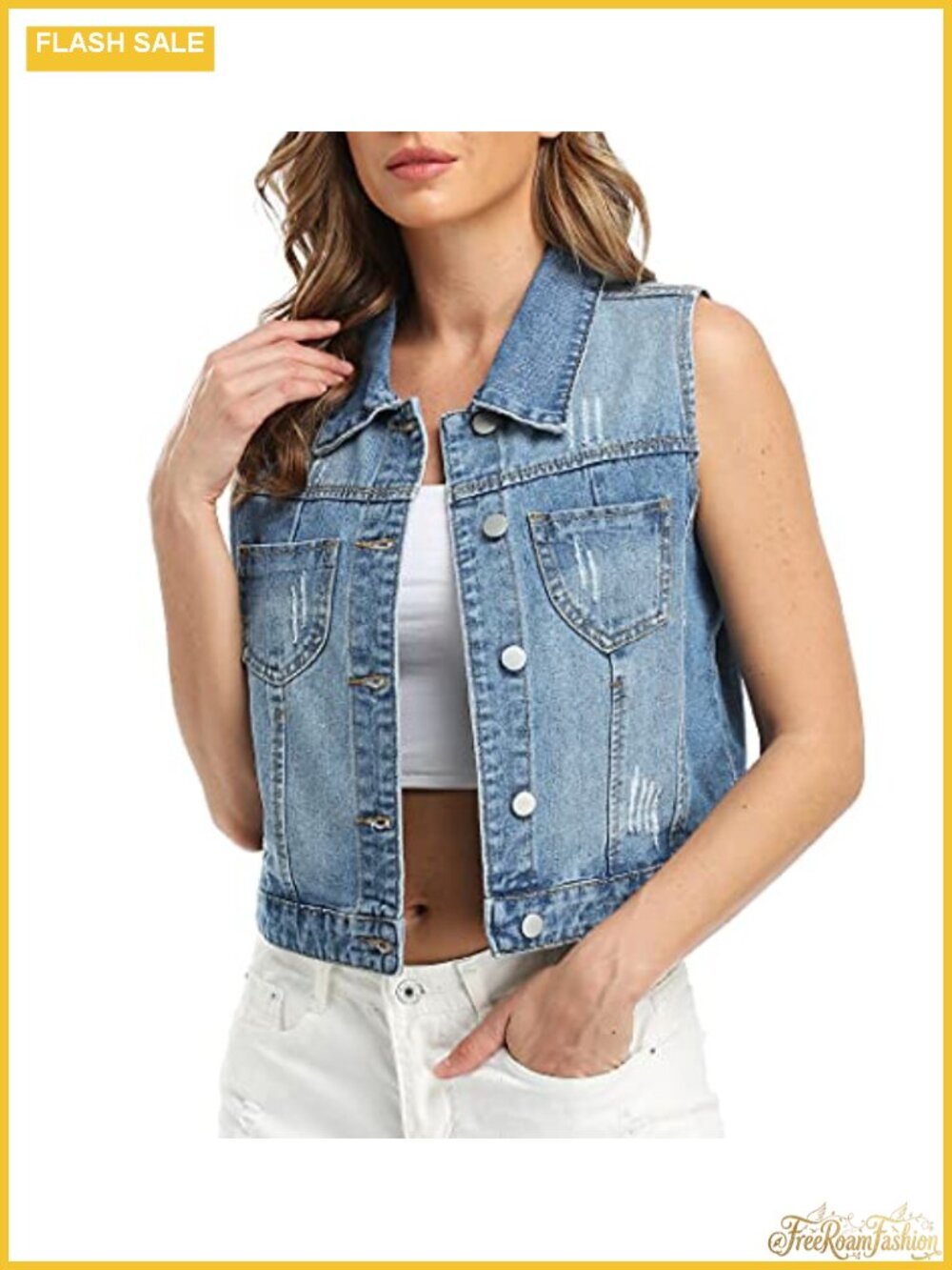 Womens Cropped Distressed Denim Vest Sleeveless Spread Collar Vintage Jean